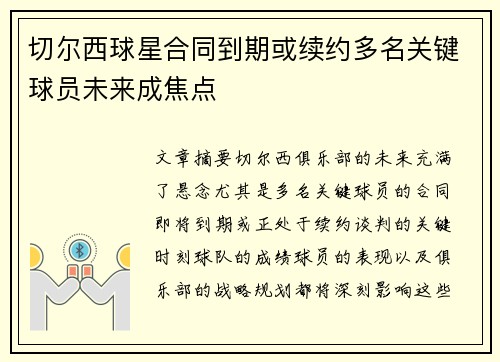 切尔西球星合同到期或续约多名关键球员未来成焦点